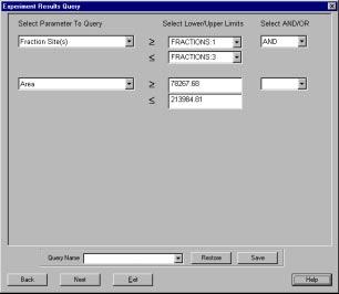 Next you see the Experiment Results Query screen. The Select Parameter to Query drop-down menu lists the column headers from the experiment s first associated analysis method.