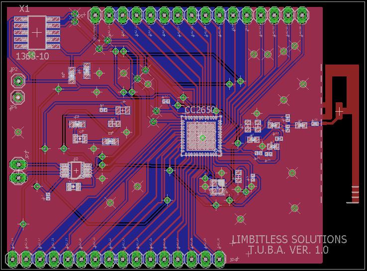 PRINTED CIRCUIT BOARD First version features header pins for every output for analysis, as well as external points for power supply regulation.