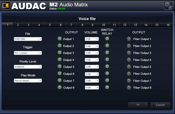 Settings >> Voice File In this window the settings for the internal voice file interface of the M2 can be made.