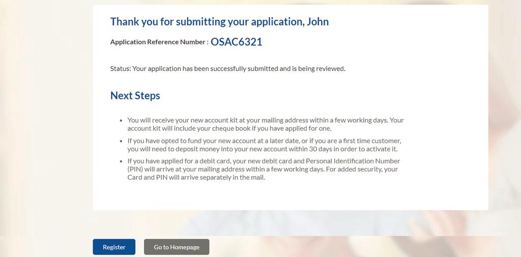 3.12 Submitted Application Confirmation The confirmation page is displayed once you have submitted your application.