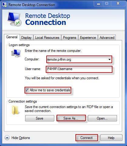 Following Instruction in blue are optional and are not necessary To customize the Remote Desktop Connect, Click on options and window on the right will appear. Fill in the details Computer: remote.
