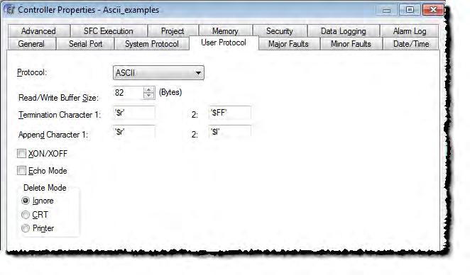 Chapter 1 Communicating with an ASCII device Configure the User Protocol To configure the user protocol, use these steps. 1. In the Controller Properties dialog box, click the User Protocol tab.