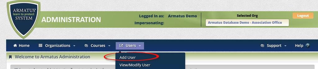 Add User 1. Click the Users dropdown menu. 2. Select Add User. Add User Contact Info (The fields in red are required and must be filled out.) 3. Type the user s First Name and Last Name. 4.