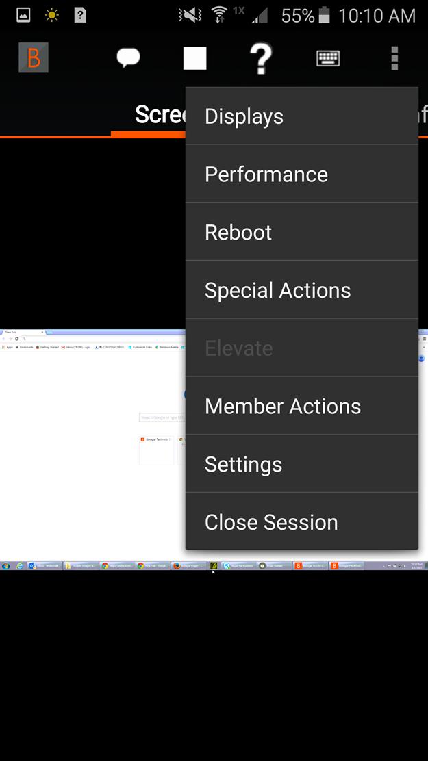 Select from additional screen sharing actions and tools. Options Full Screen View the remote desktop in full screen mode. To return to the interface view, touch the Back key.