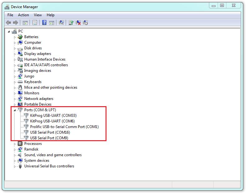 Then you need to identify the COM port number. Open the windows Device Manager and expand the Ports (COM &LPT) node.