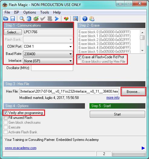 Check the communication with the EXTIO-232 interface clicking on ISP and then on Read Device Signature.