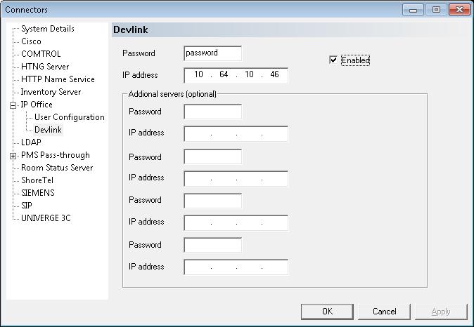 The Connectors screen is displayed. Select IP Office Devlink from the left pane, to display the Devlink screen in the right pane. Check Enabled.