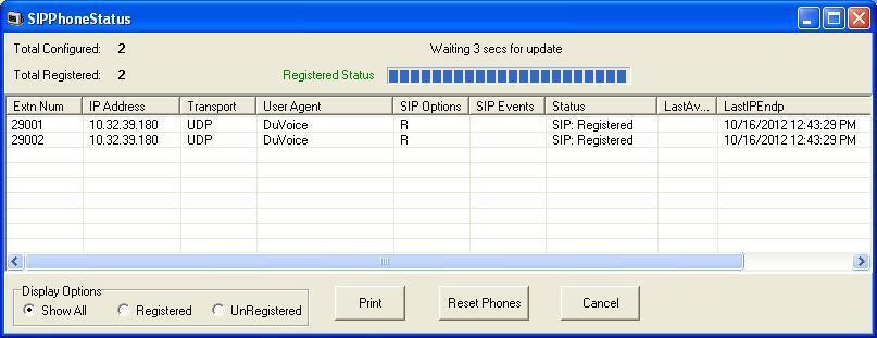 The SIPPhoneStatus screen is displayed. Verify that there is an entry for each SIP extension from Section 5.3, that the User Agent is DuVoice, and that the Status is SIP: Registered, as shown below.