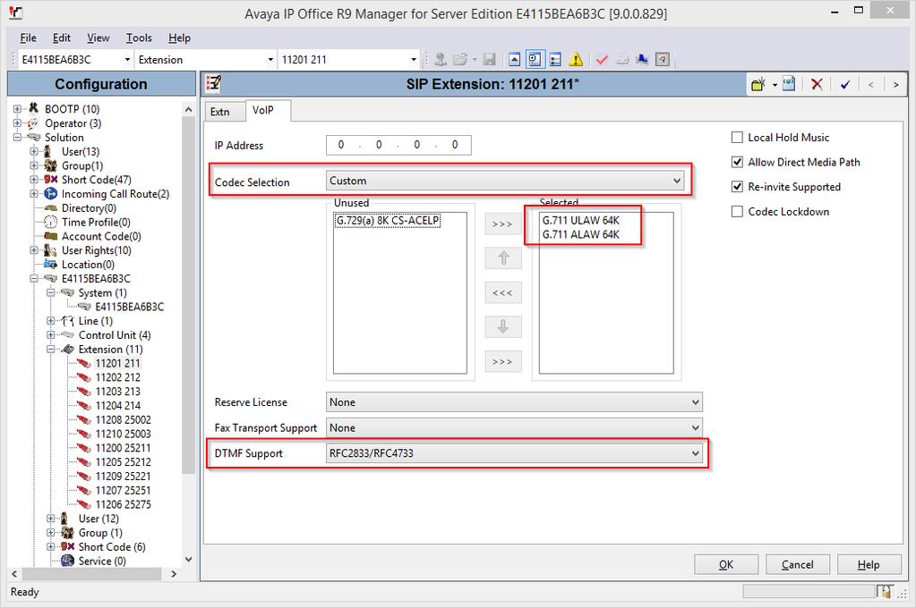 Select the VoIP tab. For Codec Selection, select Custom and move G.711 ULAW 64K and G.