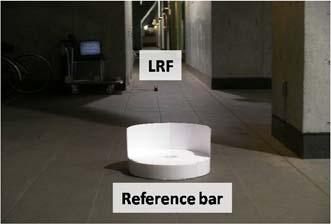 Fig. 6 An experimental scene upon a flat ground which consists of squared tiles. We put the cylindrical reference bar along a line in front of the LRF from 6[m] to 30[m] by 2[m] intervals.