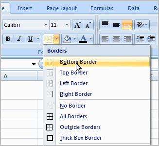 To Add a Border 1. Select the cell or cells you want to format. 2. Click the drop-down arrow next to the Borders command on the Home tab.
