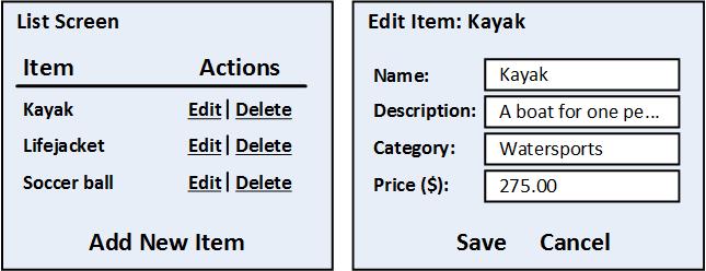 Figure 11-2. Sketch of a CRUD UI for the product catalog Together, these pages allow a user to create, read, update, and delete items in the collection. Collectively, these actions are known as CRUD.
