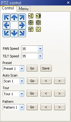 5.4.3 PTZ control -Control Tab You can control and set up PTZ cameras with this function. Pan/Tilt Control This is a button to adjust the PTZ camera in the four directions.