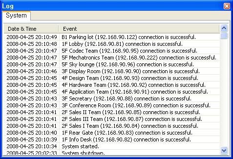 5.4.5 System log This shows, in real time, important events occurring during the program operation. Up to 1000 system logs can be saved, older logs are deleted from the program automatically. 5.4.6 Camera status Alarm Event Alarm Event status When an alarm input event occurs, the alarm icon, located at upper right of the screen, blinks for the time period set in the network device setting.