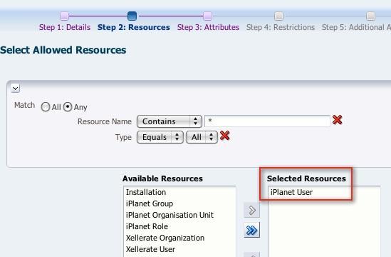 2.5.3. On Select Allowed Resources page, search and select iplanet User resource. 2.5.4.