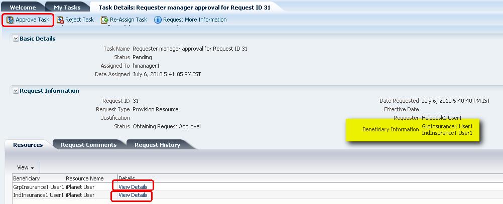 2.5.32.Clicking on the Request ID will show more details about the beneficiaries, resource data requested etc. At this point, HMANAGER1 will accept and approve the request by clicking Approve Task. 2.