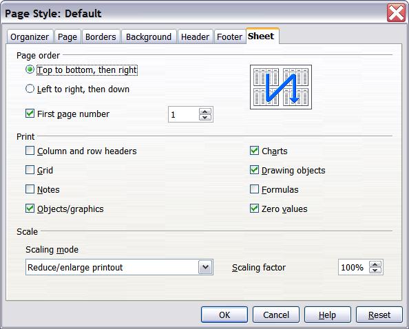 Figure 40. The Sheet tab of the Page Style dialog Details You can specify which details to print.
