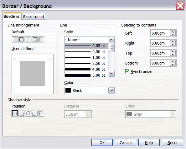button in the header dialog. This opens the Border/Background dialog (Figure 43).