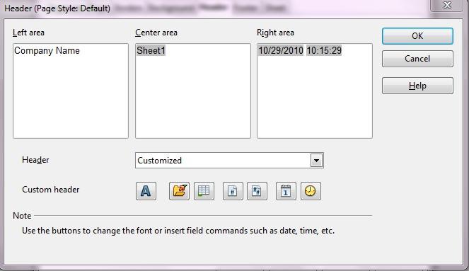Setting the contents of the header or footer The header or footer of a Calc spreadsheet has three columns for text. Each column can have different contents.