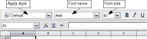 In the Formatting toolbar, the three boxes on the left are the Apply Style, Font Name, and Font Size lists. They show the current setting for the selected cell or area.
