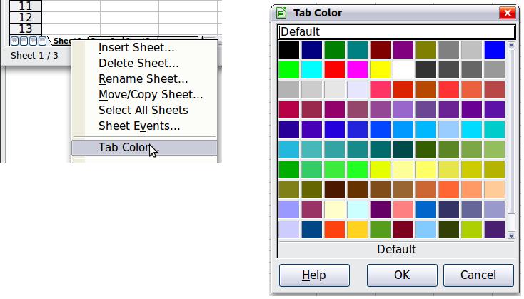 Figure 4: Choosing a tab color Status bar At the very bottom of the Calc window is the status bar, which provides information about the spreadsheet and convenient ways to quickly change some of its