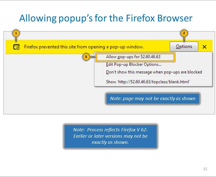 Firefox browser By default, Firefox blocks popups from opening. When a popup is blocked, the yellow popup information bar is displayed. Steps to allow popups from the Learning Center 1.
