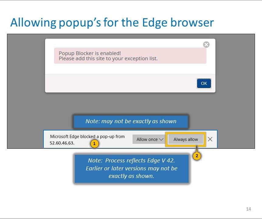Microsoft Edge Browser By default, Edge blocks popups from opening. When a popup is blocked, the popup information bar is displayed at the bottom of the page.