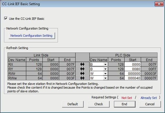 Setting" window. Select "Use the CC-Link IEF Basic" on the "CC-Link IEF Basic Setting" window. 2 Configure the network setting.