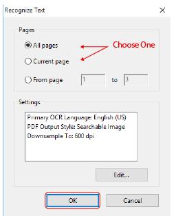 STEP 4: When the Recognize Text box comes up, choose how many pages to OCR at once. If it is a large file, try only a few at first, since it could take a while.