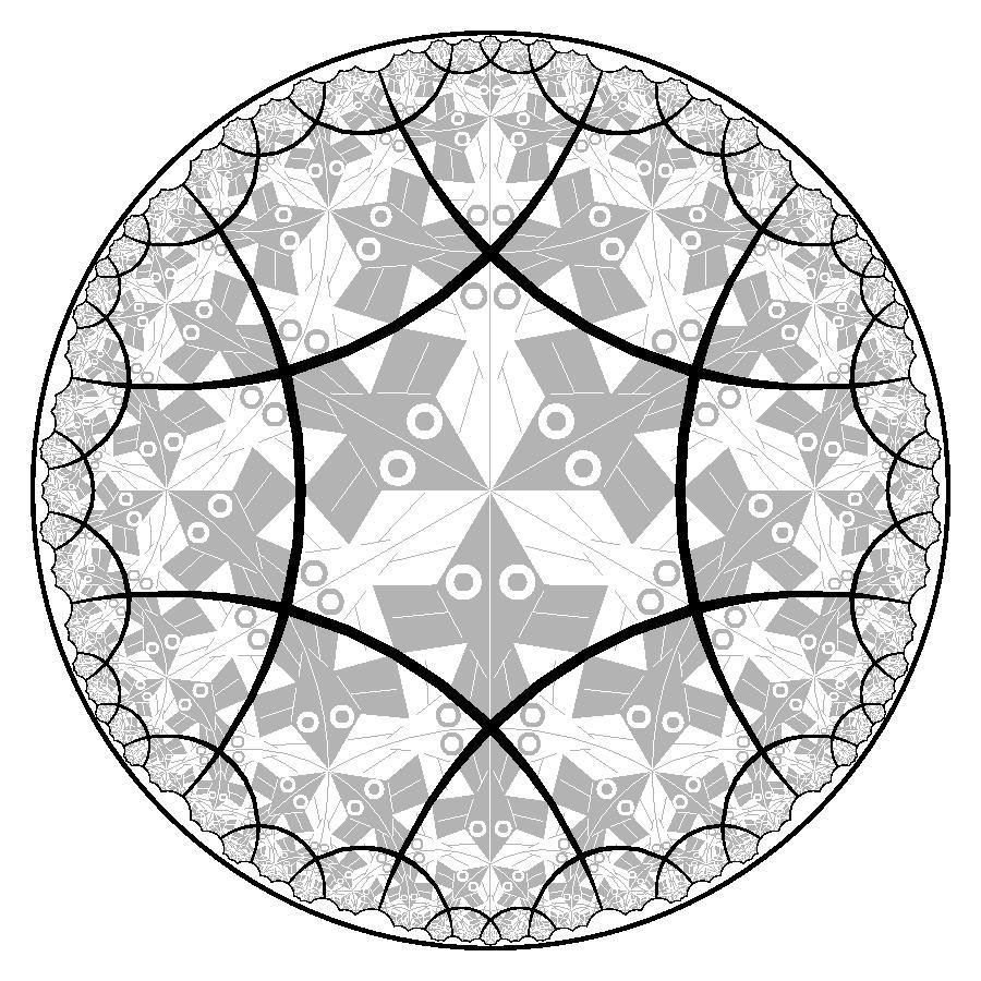 Figure 2: The {6,4} tessellation (black) superimposed on a computer-generated rendition (in gray) of Escher's Circle Limit I pattern.
