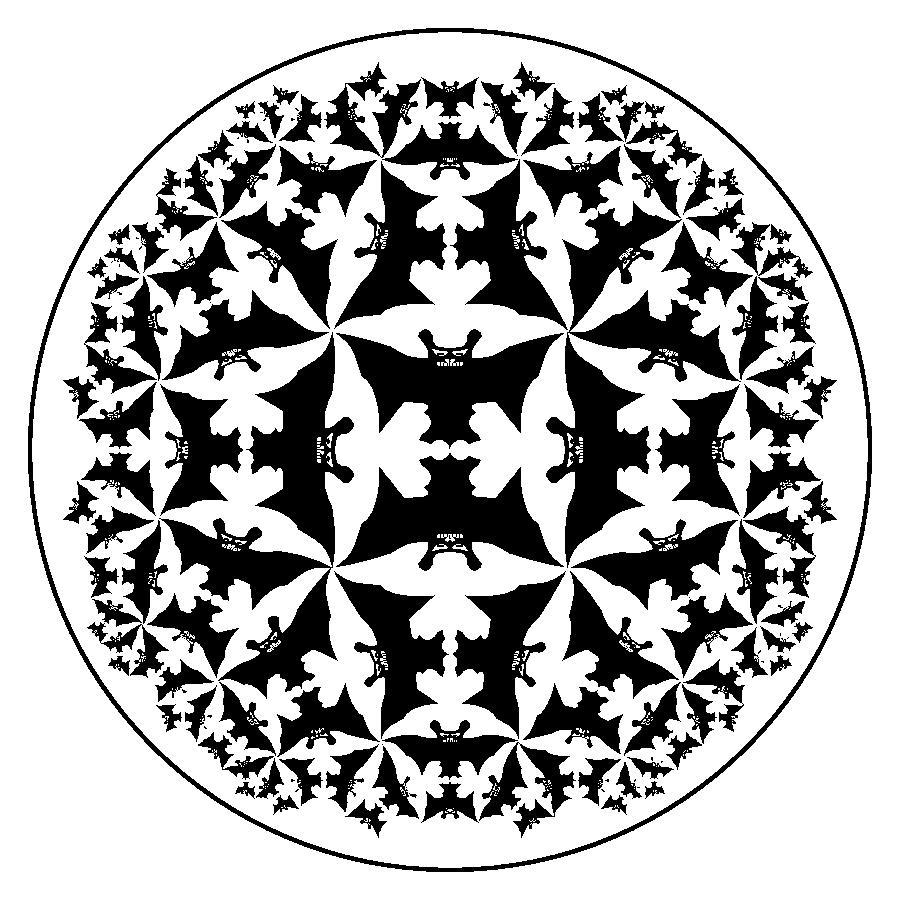 Figure 5: A hyperbolic pattern of devils with symmetry group [5+,4]. A pattern s aesthetic appeal can be enhanced by the symmetric application of color.