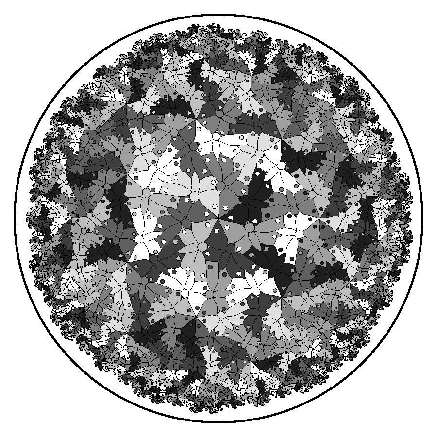 Figure 10 is another non Circle Limit pattern. It has 8-color symmetry, and is based on the {7,3} tessellation and the butterfly motif of Escher s Notebook Drawing Number 70.