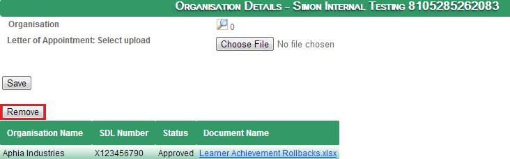 5 To remove an Organisation Select the record. The row will be highlighted when selected then click on the Remove button. 2.