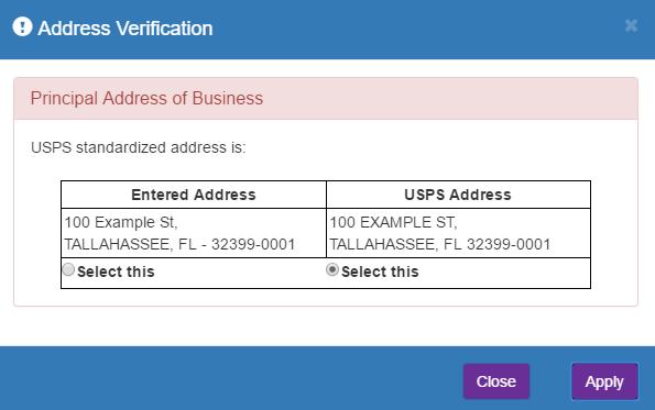 After clicking the Register button, the following message may display: Click the Select this radio button to accept the standardized United States Postal Service (USPS) address or the Entered Address