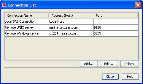 SAS Connections 6167 To define a SAS connection, click the Define connection button. The Connection List window appears, as shown in Figure 72.20. To create a new connection, click Add.