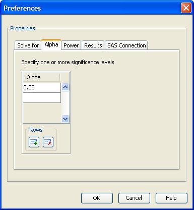 Setting Preferences 6171 Setting Alphas Click the Alpha tab to enter one or more values for alpha. Alpha is the significance level (false positive probability).