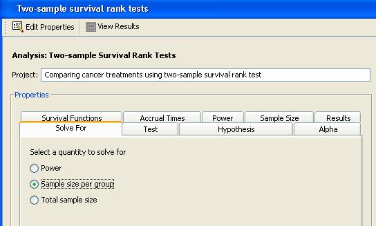 6224 Chapter 72: The Power and Sample Size Application Editing Properties Project Description For the example, change the project description to Comparing cancer treatments using two-sample survival