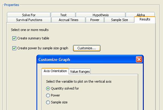 6232 Chapter 72: The Power and Sample Size Application Click the Customize button beside the Create power by sample size graph check box to customize the graph.