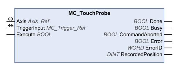MC_TouchProbe Functional Description This function block configures and starts position capture. The function block returns the axis position at the occurrence of a trigger event.