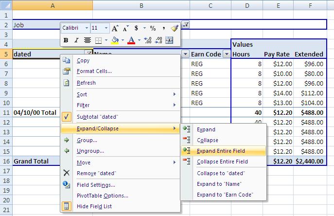 To expand all fields again, right click on the Dated Column, Select
