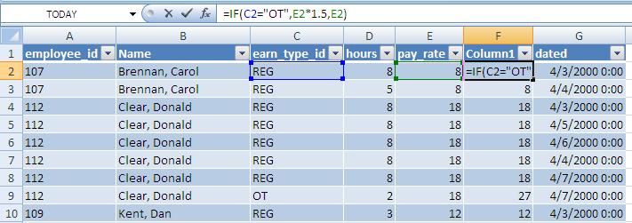 If/Then statement to calculate OT pay rate: Insert a column between E and F and write the following equation in the