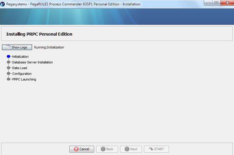 Click START to begin Installing PRPC Personal Edition.