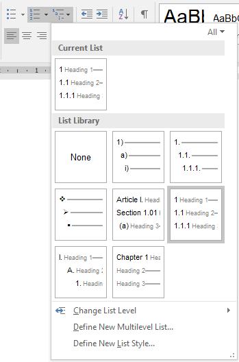 Applying numbered headings If you wish to use numbered headings do the following: 1. Insert a few headings. 2. Click on the HOME tab and select the MULTILEVEL LIST icon in the Paragraph section. 3.