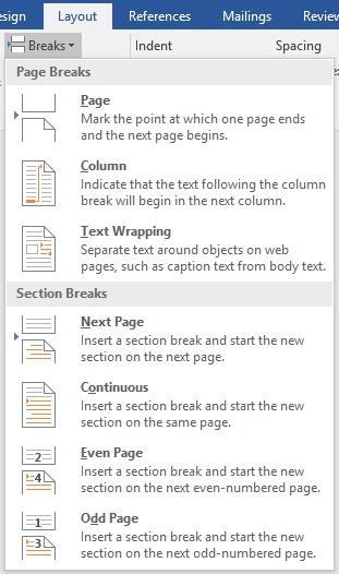 Breaks Page breaks and section breaks are NOT the same thing. One cannot use them interchangeably. IMPORTANT! Page Breaks are to be inserted when you wish to force Word to start text on a new page.