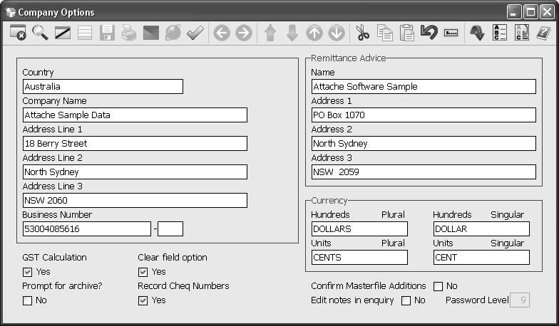 Attaché Supervisor 47 Figure 17 Company Options screen 2 Choose your country and type the company name, address, currency and other information in the appropriate fields.