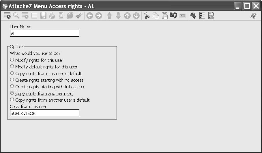 78 Chapter 4 Setting up and managing users Copying menu access rights from another user When creating menu access rights for a user, you can copy an existing user s access rights.