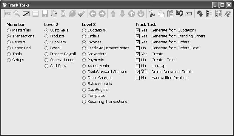 94 Chapter 6 Managing your data Figure 39 Select the tasks you wish to track Example 1: To track all masterfile maintenance tasks which modify Payroll masterfiles, including employee details, bank