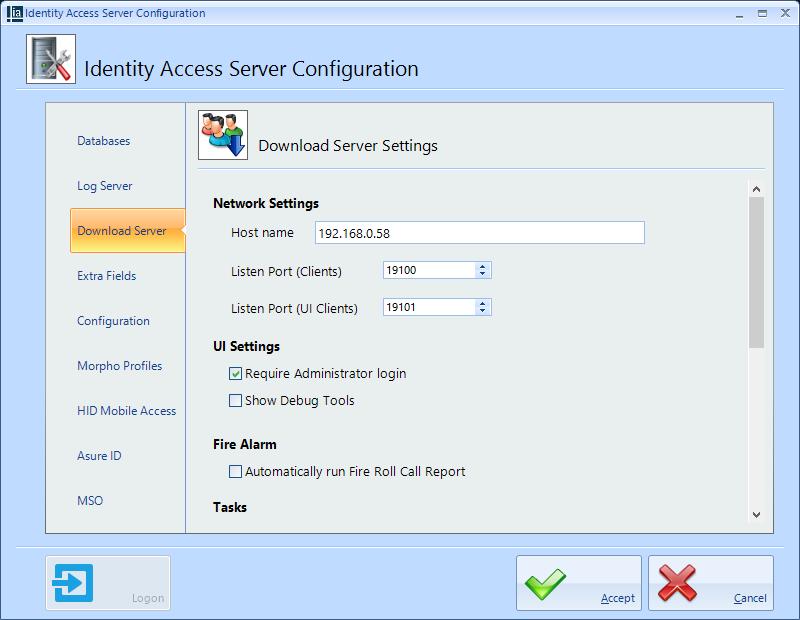 Click on the Download Server tab and enter the IPv4 address of the IA Server e.g. 192.168.0.58 Click Accept to save the settings and to exit the Identity Access Server Configuration utility.