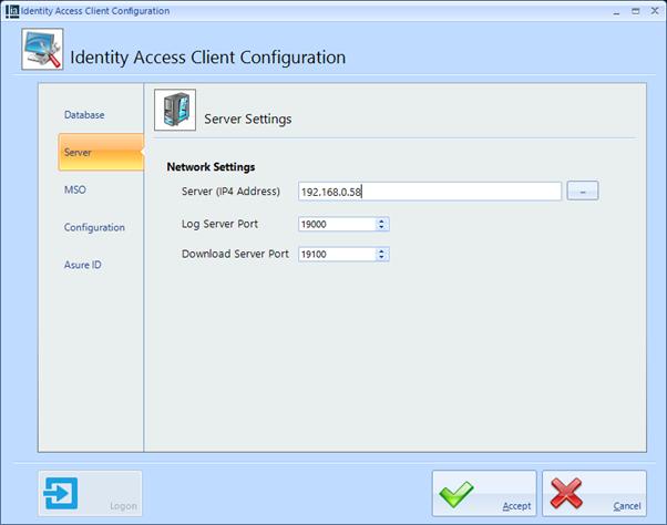 Click OK and the Identity Access Client Configuration Screen is loaded. Select the Server tab. Enter the IPv4 Address of the IA Server e.g. 192.168.0.