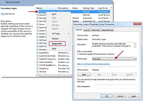3. Scroll down and find Secondary Logon from the list, then right-click on Secondary Logon, and select Properties. 4.